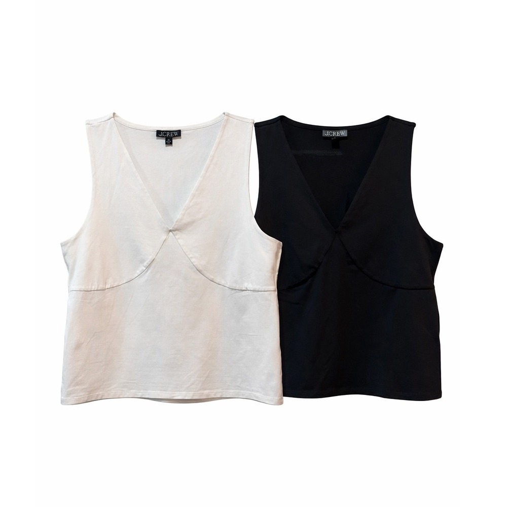 J.Crew Stretch‎ Cotton Blend V-Neck Tank Top Set Women XL Black White Sleeveless